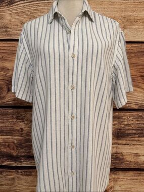 Zara Cream and Blue Vertical Stripe Short-Sleeve Button-Down Shirt